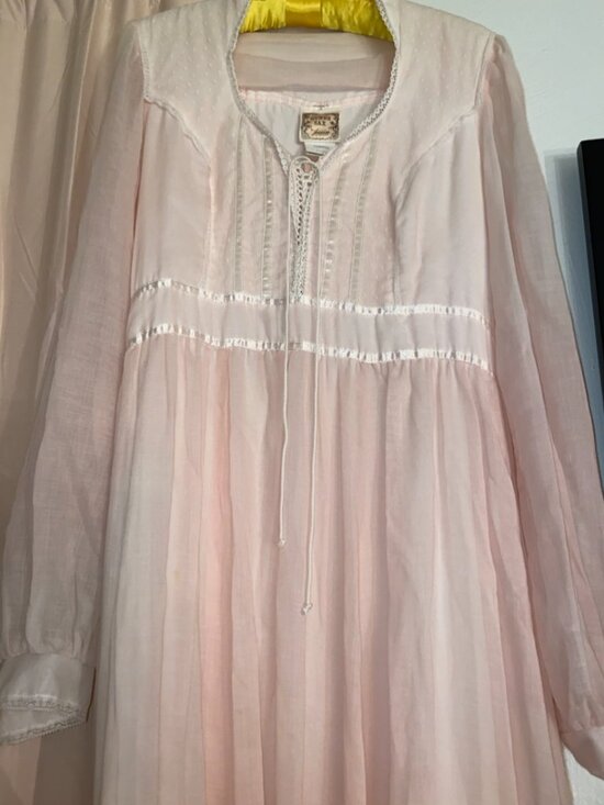 Authentic Gunne Sax Dress Pink w Lace, Pearls, Long Sleeve 1980s Prairie Gown - Picture 8 of 10